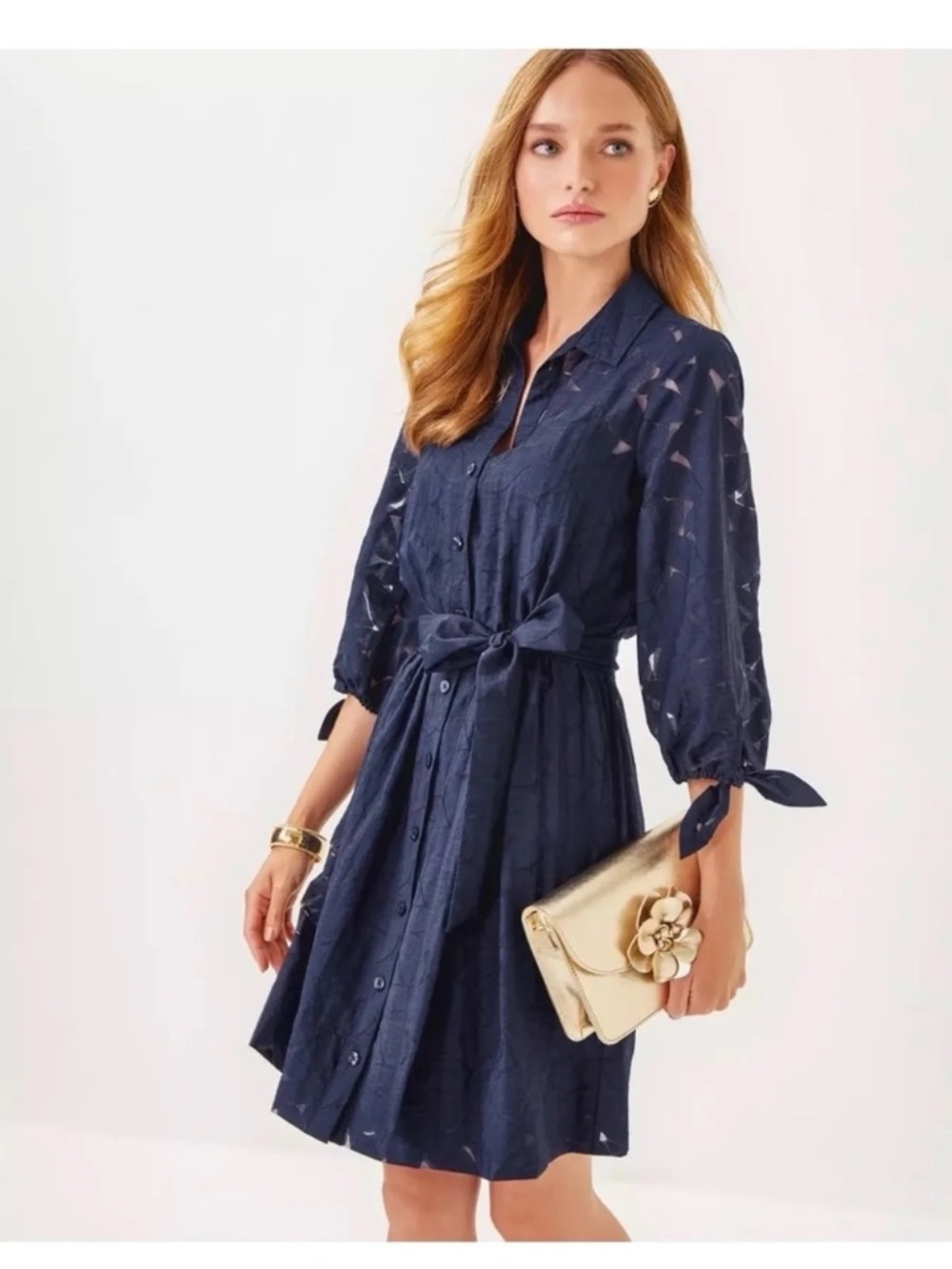 Lilly Pulitzer Amrita Shirtdress True Navy Flora Faille Size 16 3/4 Sleeve